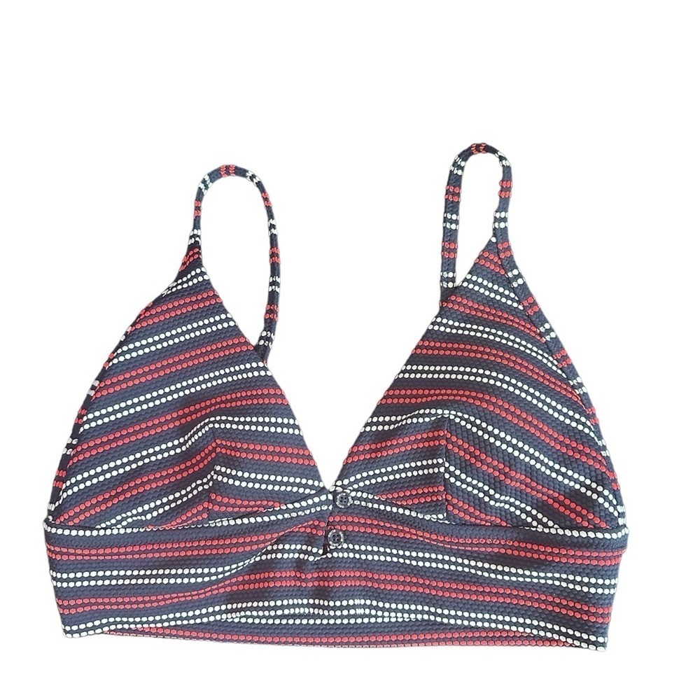 Aerie Triangle Bikini Top Blue Red White‎ Stripe Button Front Textured Medium